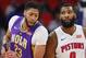 New Orleans Pelicans forward Anthony Davis (23) and Detroit Pistons center Andre Drummond (0) play in the first half of an NBA basketball game in Detroit, Monday, Feb. 12, 2018. (AP Photo/Paul Sancya)