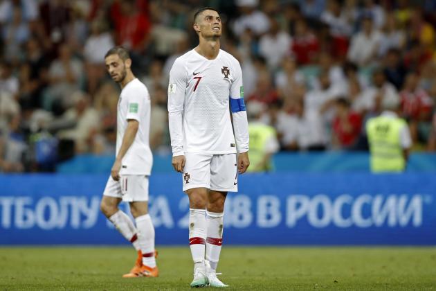 Portugal's Cristiano Ronaldo reacts disappointed during the round of 16 match between Uruguay and Portugal at the 2018 soccer World Cup at the Fisht Stadium in Sochi, Russia, Saturday, June 30, 2018. (AP Photo/Francisco Seco)