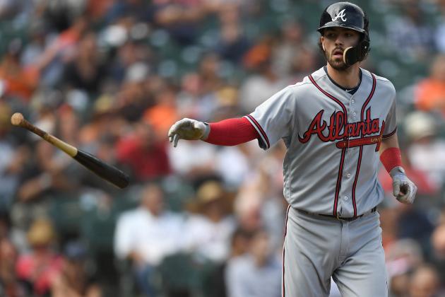 SAN FRANCISCO, CA - SEPTEMBER 12:  Dansby Swanson #7 of the Atlanta Braves tosses his bat away after walking against the San Francisco Giants in the top of the seventh inning at AT&T Park on September 12, 2018 in San Francisco, California.  (Photo by Thearon W. Henderson/Getty Images)
