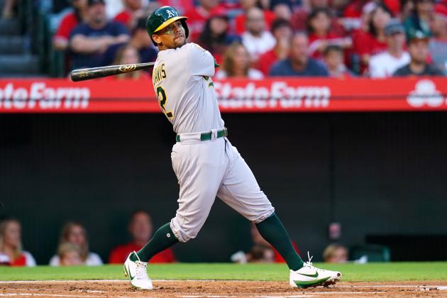 ANAHEIM, CA - SEPTEMBER 29:  Khris Davis #2 of the Oakland Athletics hits a two-run homerun during the first inning of the game against the Los Angeles Angels of Anaheim at Angel Stadium on September 29, 2018 in Anaheim, California.  (Photo by Masterpress/Getty Images)