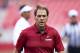 FAYETTEVILLE, AR - OCTOBER 6: Head Coach Nick Saban of the Alabama Crimson Tide jogs off the field before a game against the Arkansas Razorbacks at Razorback Stadium on October 6, 2018 in Tuscaloosa, Alabamai. (Photo by Wesley Hitt/Getty Images)
