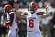 Cleveland Browns quarterback Baker Mayfield (6) gestures against the Oakland Raiders during the first half of an NFL football game in Oakland, Calif., Sunday, Sept. 30, 2018. (AP Photo/Ben Margot)