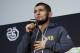 Khabib Nurmagomedov speaks at a news conference after the UFC 229 mixed martial arts event Saturday, Oct. 6, 2018, in Las Vegas. A brawl broke out after the main event between Khabib Nurmagomedov and Conor McGregor when Nurmagomedov climbed over the cage and set off a scuffle with another fighter in McGregor's corner. (AP Photo/John Locher)