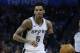 San Antonio Spurs guard Dejounte Murray (5) during an NBA basketball game against the Oklahoma City Thunder in Oklahoma City, Saturday, March 10, 2018. (AP Photo/Sue Ogrocki)