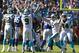 Carolina Panthers' Graham Gano (9) celebrates his game-winning field goal against the New York Giants with Michael Palardy (5) in the second half of an NFL football game in Charlotte, N.C., Sunday, Oct. 7, 2018. (AP Photo/Jason E. Miczek)