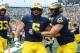 ANN ARBOR, MI - OCTOBER 06: Jarred Wangler #5 of the Michigan Wolverines celebrates a second half touchdown while playing the Maryland Terrapins on October 6, 2018 at Michigan Stadium in Ann Arbor, Michigan. (Photo by Gregory Shamus/Getty Images)