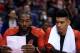 TORONTO, ON - OCTOBER 5: Kawhi Leonard #2 and Danny Green #14 of the Toronto Raptors sit on the bench reading the half time stats during the second half of an NBA preseason game against Melbourne United at Scotiabank Arena on October 5, 2018 in Toronto, Canada. NOTE TO USER: User expressly acknowledges and agrees that, by downloading and or using this photograph, User is consenting to the terms and conditions of the Getty Images License Agreement. (Photo by Vaughn Ridley/Getty Images)