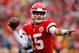 KANSAS CITY, MO - OCTOBER 07: Quareterback Patrick Mahomes #15 of the Kansas City Chiefs scrambles during the game against the Jacksonville Jaguars at Arrowhead Stadium on October 7, 2018 in Kansas City, Missouri. (Photo by David Eulitt/Getty Images)