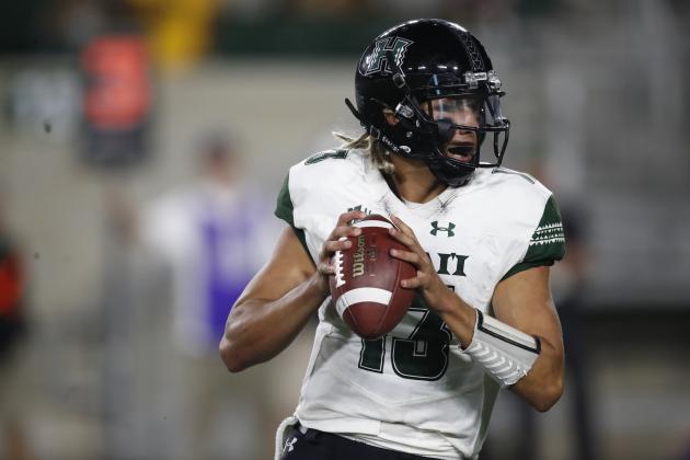Hawaii Warriors quarterback Cole McDonald (13) in the second half of an NCAA college football game Saturday, Aug. 25, 2018, in Fort Collins, Colo. Hawaii won 43-34. (AP Photo/David Zalubowski)