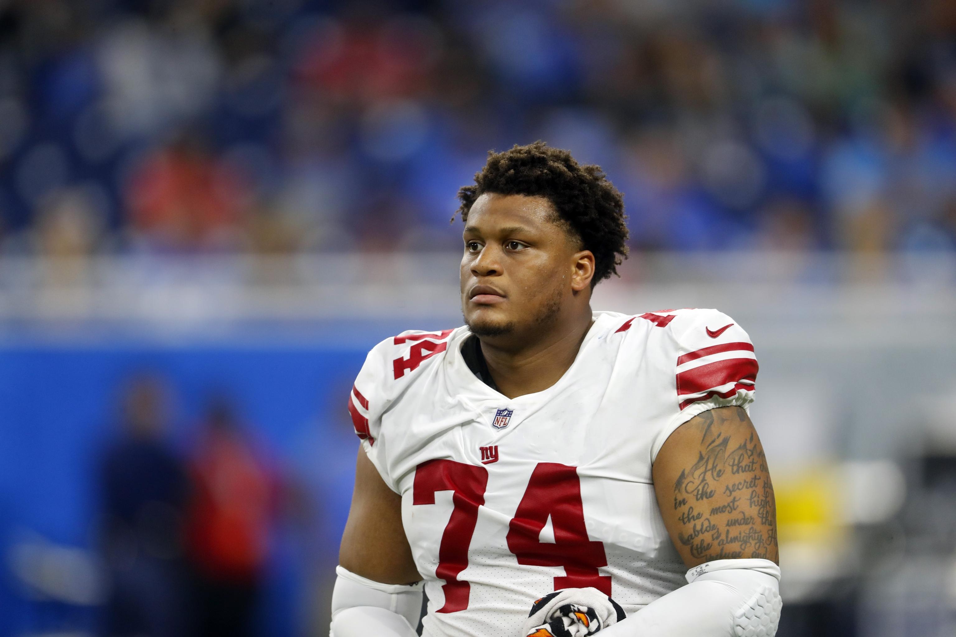 October 2, 2018 - East Rutherford, New Jersey, U.S. - New York Giants  offensive tackle Ereck Flowers (74) during a NFL game between the New  Orlean Saints and the New York Giants