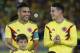 Colombia's James Rodriguez, right, and Radamel Falcao Garcia, laugh prior to an exhibition match at the Nemesio Camacho stadium in Bogota, Colombia, Friday, May 25, 2018. Colombia will warm up and play a friendly match against Egypt in Italy before heading to Russia for the 2018 FIFA World Cup. (AP Photo/Fernando Vergara)