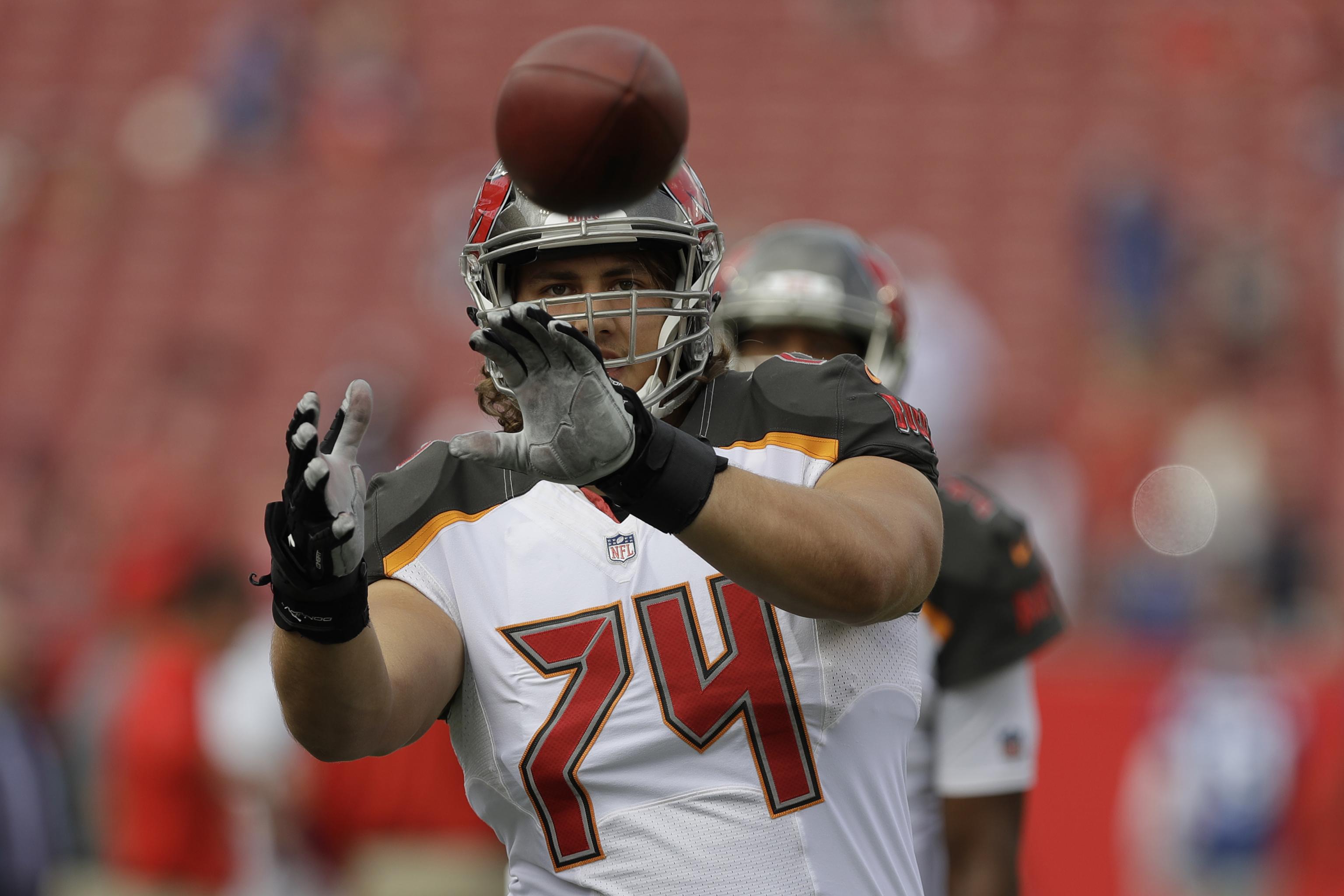 Tampa, USA. 02nd Feb, 2021. Tampa Bay Buccaneers guard Ali Marpet walks  between drills during NFL football practice, seen here in an image released  to the media by the NFL, Tuesday, Feb.