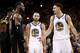 OAKLAND, CA - MAY 31: Stephen Curry #30 and Klay Thompson #11 of the Golden State Warriors exchange words with LeBron James #23 of the Cleveland Cavaliers in overtime during Game 1 of the 2018 NBA Finals at ORACLE Arena on May 31, 2018 in Oakland, California. NOTE TO USER: User expressly acknowledges and agrees that, by downloading and or using this photograph, User is consenting to the terms and conditions of the Getty Images License Agreement. (Photo by Ezra Shaw/Getty Images)