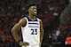 HOUSTON, TX - APRIL 25: Jimmy Butler #23 of the Minnesota Timberwolves reacts in the second half during Game Five of the first round of the 2018 NBA Playoffs against the Houston Rockets at Toyota Center on April 25, 2018 in Houston, Texas. NOTE TO USER: User expressly acknowledges and agrees that, by downloading and or using this photograph, User is consenting to the terms and conditions of the Getty Images License Agreement. (Photo by Tim Warner/Getty Images)