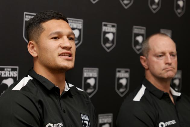 AUCKLAND, NEW ZEALAND - OCTOBER 09: Kiwis coach Michael Maguire (R) and captain Dallin Watene-Zelezniak (L) during a New Zealand Kiwis press conference at Mt Smart Stadium on October 9, 2018 in Auckland, New Zealand. (Photo by Phil Walter/Getty Images)