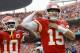 Kansas City Chiefs quarterback Patrick Mahomes (15) celebrates a touchdown during the first half of an NFL football game against the Jacksonville Jaguars in Kansas City, Mo., Sunday, Oct. 7, 2018. (AP Photo/Charlie Riedel)