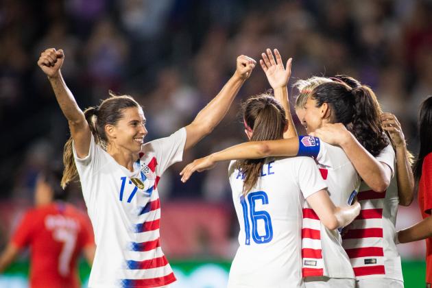 CARSON, CA - AUGUST 31: Forward Tobin Heath #17 of the U.S. Women's National team joins Rose Lavelle and Christen Press in celebration during the friendly match against Chile at StubHub Center on August 31, 2018 in Carson, California. (Photo by Meg Oliphant/Getty Images)