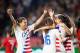 CARSON, CA - AUGUST 31: Forward Tobin Heath #17 of the U.S. Women's National team joins Rose Lavelle and Christen Press in celebration during the friendly match against Chile at StubHub Center on August 31, 2018 in Carson, California. (Photo by Meg Oliphant/Getty Images)
