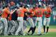 CLEVELAND, OH - OCTOBER 08: The Houston Astros celebrate defeating the Cleveland Indians 11-3 in Game Three of the American League Division Series to advance to the American League Championship Series at Progressive Field on October 8, 2018 in Cleveland, Ohio. (Photo by Gregory Shamus/Getty Images)