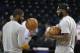 Cleveland Cavaliers' Kyrie Irving, left, and LeBron James talk during NBA basketball practice, Wednesday, June 3, 2015, in Oakland, Calif. The Golden State Warriors host the Cavaliers in Game 1 of the NBA Finals on Thursday. (AP Photo/Ben Margot)