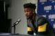 MINNEAPOLIS, MN - APRIL 23: Jimmy Butler #23 of the Minnesota Timberwolves talks to the media after the game against the Houston Rockets in Game Four of Round One of the 2018 NBA Playoffs on April 23, 2018 at Target Center in Minneapolis, Minnesota. NOTE TO USER: User expressly acknowledges and agrees that, by downloading and or using this Photograph, user is consenting to the terms and conditions of the Getty Images License Agreement. Mandatory Copyright Notice: Copyright 2018 NBAE (Photo by David Sherman/NBAE via Getty Images)