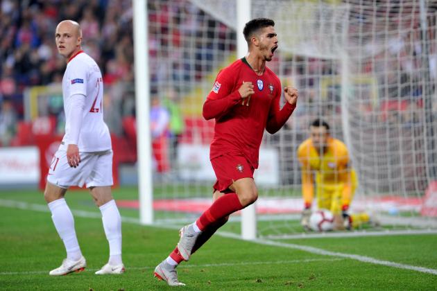 CHORZOW, POLAND - OCTOBER 11: Andre Silva of Portugal celebrates after scoring a goal during the UEFA Nations League A group three match between Poland and Portugal at Silesian Stadium on October 11, 2018 in Chorzow, Poland. (Photo by Rafal Rusek/PressFocus/MB Media/Getty Images)
