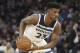 Minnesota Timberwolves' Jimmy Butler plays against the Los Angeles Lakers in the first half of an NBA basketball game Thursday, Feb. 15, 2018, in Minneapolis. (AP Photo/Jim Mone)