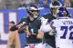 Philadelphia Eagles quarterback Carson Wentz (11) throws a pass to Alshon Jeffery (17) for a touchdown during the first half of an NFL football game against the New York Giants Thursday, Oct. 11, 2018, in East Rutherford, N.J. (AP Photo/Bill Kostroun)