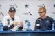 Dallas Cowboys owner Jerry Jones, left and head coach Jason Garrett take questions during the