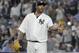 New York Yankees starting pitcher CC Sabathia steps back on the mound during the third inning of Game 4 of baseball's American League Division Series against the Boston Red Sox, Tuesday, Oct. 9, 2018, in New York. (AP Photo/Frank Franklin II)