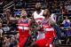DETROIT, MI - OCTOBER 10: Bradley Beal #3, and Jeff Green #32 of the Washington Wizards plays defense against Andre Drummond #0 of the Detroit Pistons during a pre-season game on October 10, 2018 at Little Caesars Arena in Detroit, Michigan. NOTE TO USER: User expressly acknowledges and agrees that, by downloading and/or using this photograph, User is consenting to the terms and conditions of the Getty Images License Agreement. Mandatory Copyright Notice: Copyright 2018 NBAE (Photo by Brian Sevald/NBAE via Getty Images)