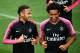 Paris Saint-Germain's Brazilian forward Neymar (L) a nd Paris Saint-Germain's Brazilian defender Marquinhos during a training session at Saint-Germain-en-Laye, western Paris on August 31, 2018 on the eve of the French L1 football match between Paris Saint-Germain and NImes. (Photo by FRANCK FIFE / AFP) (Photo credit should read FRANCK FIFE/AFP/Getty Images)