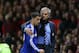 MANCHESTER, ENGLAND - OCTOBER 26: Chelsea Manager Jose Mourinho embraces Eden Hazard during the Barclays Premier League match between Manchester United and Chelsea at Old Trafford on October 26, 2014 in Manchester, England. (Photo by Alex Livesey/Getty Images)