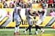 PITTSBURGH, PA - OCTOBER 07: Mohamed Sanu #12 of the Atlanta Falcons celebrates with Matt Ryan #2 of the Atlanta Falcons and Julio Jones #11 after a 43-yard touchdown reception in the first half during the game at Heinz Field on October 7, 2018 in Pittsburgh, Pennsylvania. (Photo by Joe Sargent/Getty Images)
