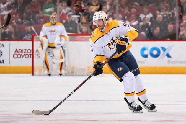 GLENDALE, AZ - JANUARY 04:  Austin Watson #51 of the Nashville Predators skates with the puck during the NHL game against the Arizona Coyotes at Gila River Arena on January 4, 2018 in Glendale, Arizona. The Coyotes defeated the Predators 3-2 in overtime.  (Photo by Christian Petersen/Getty Images)
