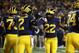 ANN ARBOR, MI - OCTOBER 13: Karan Higdon #22 of the Michigan Wolverines celebrates a first half touchdown with Shea Patterson #2 of the Michigan Wolverines while playing the Wisconsin Badgers on October 13, 2018 at Michigan Stadium in Ann Arbor, Michigan. (Photo by Gregory Shamus/Getty Images)