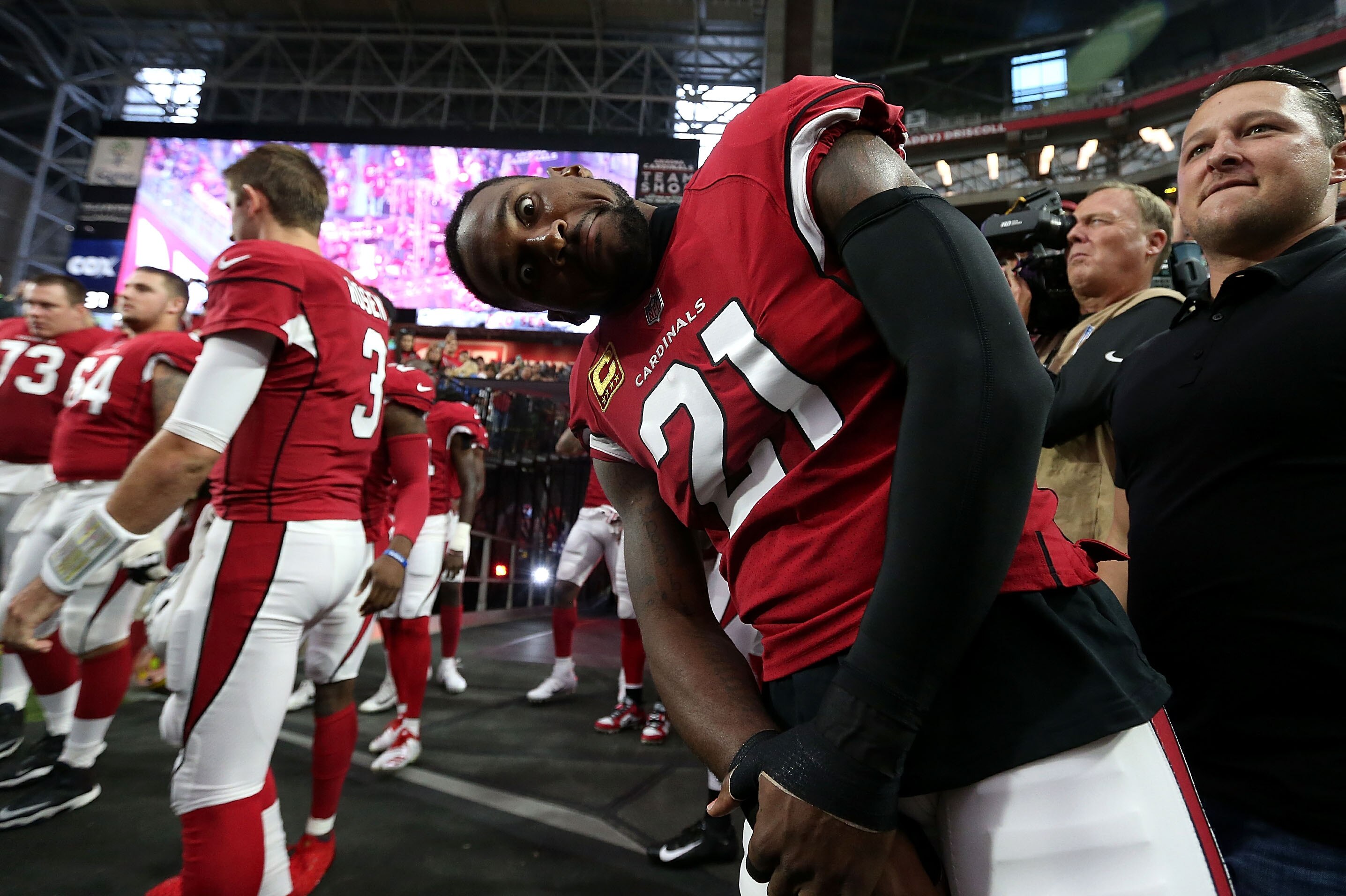 GLENDALE, AZ - SEPTEMBER 30:  Defensive back Patrick Peterson #21 of the Arizona Cardinals mugs for a photo prior to an NFL game against the Seattle Seahawks at State Farm Stadium on September 30, 2018 in Glendale, Arizona.  (Photo by Ralph Freso/Getty Images)