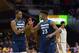 CLEVELAND, OH - FEBRUARY 7: Andrew Wiggins #22 and Jimmy Butler #23 of the Minnesota Timberwolves celebrate after scoring during the second half against the Cleveland Cavaliers at Quicken Loans Arena on February 7, 2018 in Cleveland, Ohio. The Cavaliers defeated the Timberwolves 140-138 in overtime. NOTE TO USER: User expressly acknowledges and agrees that, by downloading and or using this photograph, User is consenting to the terms and conditions of the Getty Images License Agreement. (Photo by Jason Miller/Getty Images)