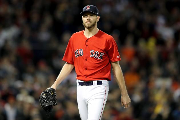BOSTON, MA - OCTOBER 13:  Chris Sale #41 of the Boston Red Sox reacts during the first inning against the Houston Astros in Game One of the American League Championship Series at Fenway Park on October 13, 2018 in Boston, Massachusetts.  (Photo by Elsa/Getty Images)