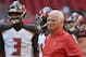 Tampa Bay Buccaneers defensive coordinator Mike Smith walks the field before the first half of an NFL football game between the Atlanta Falcons and the Tampa Bay Buccaneers, Sunday, Oct. 14, 2018, in Atlanta. (AP Photo/John Amis)
