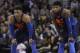 Oklahoma City Thunder's Paul George, right, and Russell Westbrook during the first half of an NBA basketball game against the Golden State Warriors Saturday, Feb. 24, 2018, in Oakland, Calif. (AP Photo/Marcio Jose Sanchez)