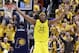 Indiana Pacers' Myles Turner celebrates during the second half of Game 6 of a first-round NBA basketball playoff series against the Cleveland Cavaliers, Friday, April 27, 2018, in Indianapolis. (AP Photo/Darron Cummings)