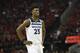 HOUSTON, TX - APRIL 25: Jimmy Butler #23 of the Minnesota Timberwolves reacts in the second half during Game Five of the first round of the 2018 NBA Playoffs against the Houston Rockets at Toyota Center on April 25, 2018 in Houston, Texas. NOTE TO USER: User expressly acknowledges and agrees that, by downloading and or using this photograph, User is consenting to the terms and conditions of the Getty Images License Agreement. (Photo by Tim Warner/Getty Images)