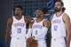 From left, Oklahoma City Thunder's Paul George (13), Russell Westbrook (0) and Steven Adams (12), pose for a photo during an NBA basketball media day in Oklahoma City, Monday, Sept. 24, 2018. (AP Photo/Sue Ogrocki)