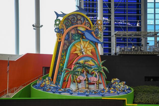 MIAMI, FL - MARCH 29: A detailed view of the Marlins home run sculpture in centerfield before Opening Day between the Miami Marlins and the Chicago Cubs at Marlins Park on March 29, 2018 in Miami, Florida. (Photo by Mark Brown/Getty Images)