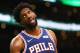 BOSTON, MA - OCTOBER 14: Joel Embiid #21 of the Philadelphia 76ers reacts in the fourth quarter of a game against the Boston Celtics at TD Garden on October 16, 2018 in Boston, Massachusetts. NOTE TO USER: User expressly acknowledges and agrees that, by downloading and or using this photograph, User is consenting to the terms and conditions of the Getty Images License Agreement. (Photo by Adam Glanzman/Getty Images)