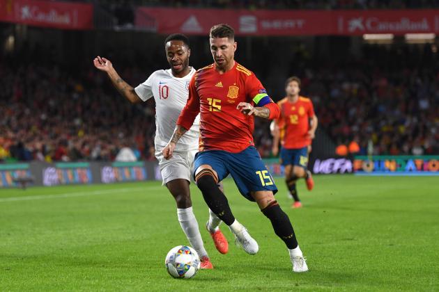 SEVILLE, SPAIN - OCTOBER 15:  Sergio Ramos of Spain shields the ball from Raheem Sterling of England during the UEFA Nations League A Group Four match between Spain and England at Estadio Benito Villamarin on October 15, 2018 in Seville, Spain.  (Photo by Michael Regan/Getty Images)