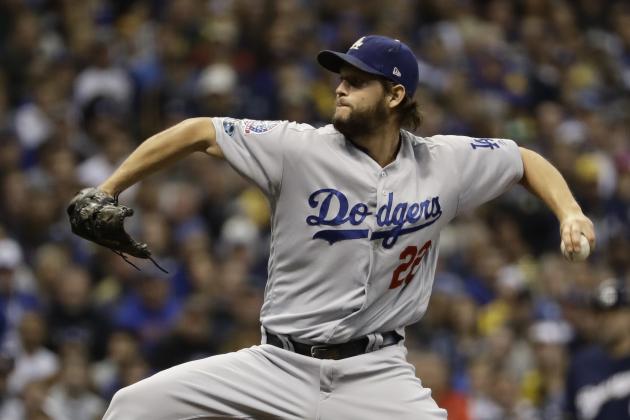Los Angeles Dodgers' Clayton Kershaw throws during the first inning of Game 1 of the National League Championship Series baseball game against the Milwaukee Brewers Friday, Oct. 12, 2018, in Milwaukee. (AP Photo/Matt Slocum)