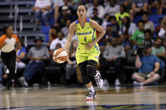 Dallas Wings guard Skylar Diggins-Smith moves the ball up court against the Seattle Storm during a WNBA basketball game, Friday, Aug. 4, 2017, in Arlington, Texas. (AP Photo/Tony Gutierrez)