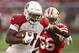 Arizona Cardinals running back David Johnson, left, runs in front of San Francisco 49ers linebacker Reuben Foster (56) during the second half of an NFL football game in Santa Clara, Calif., Sunday, Oct. 7, 2018. (AP Photo/Ben Margot)